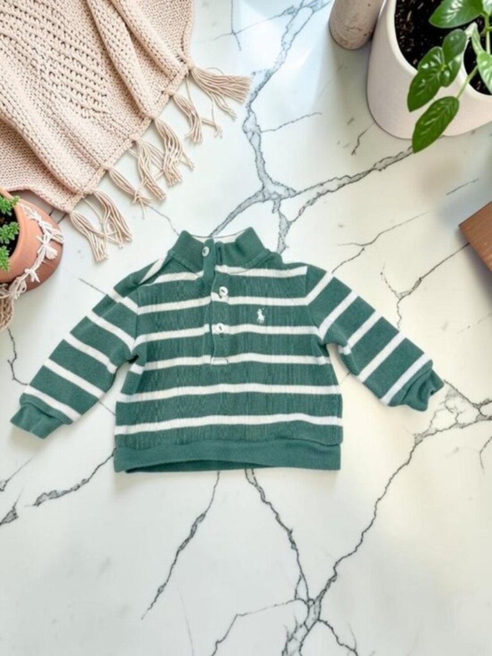 Ralph Lauren Green Cotton Striped Pullover Baby Sweater Infant Size 6 Months